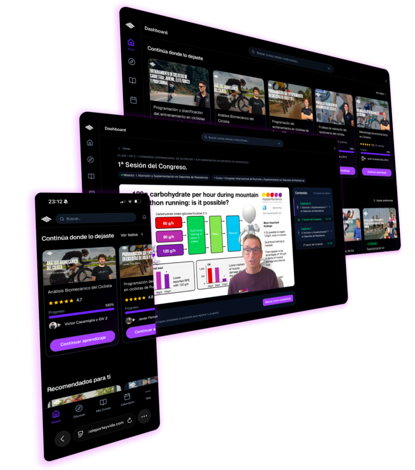 Vista previa de la plataforma IDV: dashboard de cursos con progreso, rutas de aprendizaje y reproductor de vídeo